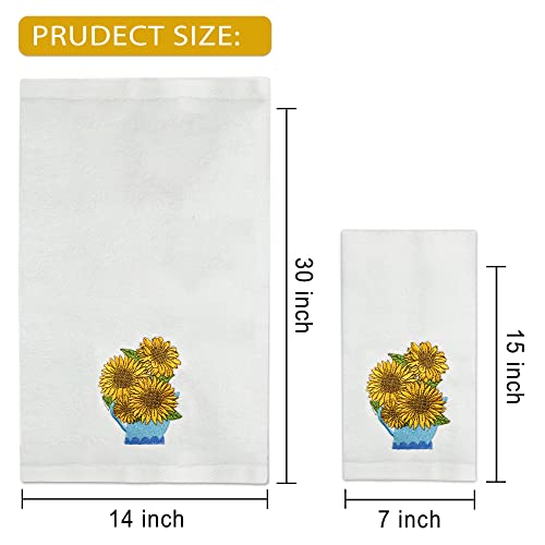 Hexagram Sunflower Hand Towels Set Of 2, Embroidered Sunflower Kitchen Decor, Pattern 100% Cotton Soft Luxury Towel For Bathroom 13.8 X 29.5 Inch,Sunflower Bathroom Towels #TOP1