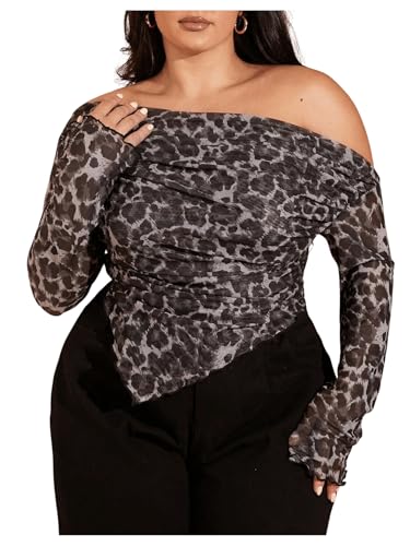 WDIRARA Women's Plus Size Leopard Print T Shirt One Shoulder Long Bell Sleeve Asymmetrical Hem Tops