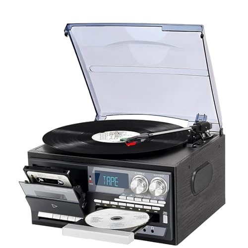 Tourne-disque vinyle Bluetooth avec haut-parleurs intégrés, design rétro à 3 vitesses, lecteur CD et cassette, moins de bruit, avec housse anti-poussière
