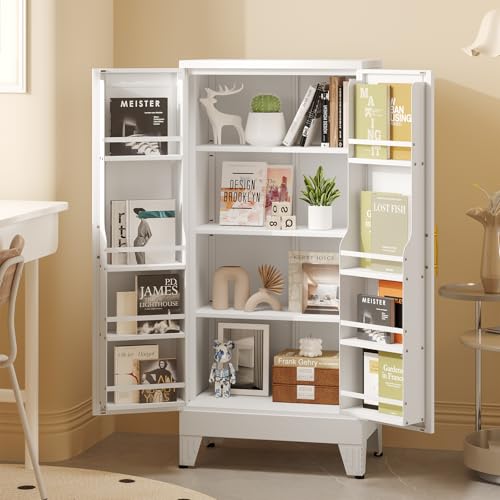 Image of White Pantry Storage Cabinet, 48 inch Kitchen Pantry with Doors and 3 Adjustable Shelves, Metal Freestanding Buffet Cupboards Sideboard, for Office, Home, Garage, School