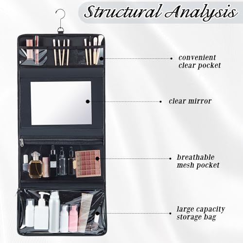 Travel Hanging Toiletry Bag with Mirror Leather Travel Hanging Mirror Foldable Dance Competition Makeup Bag Backstage Cosmetic Organizer for Traveling Dancers Artists Home Spa(Black)3