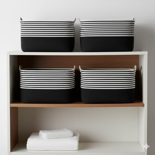 Image of Large Storage Basket, Woven Blanket Basket, Toy Basket with Handle, Laundry Hamper for Living Room, Nursery, Bedroom- 20x15x12 (LXWXH) (black mix)