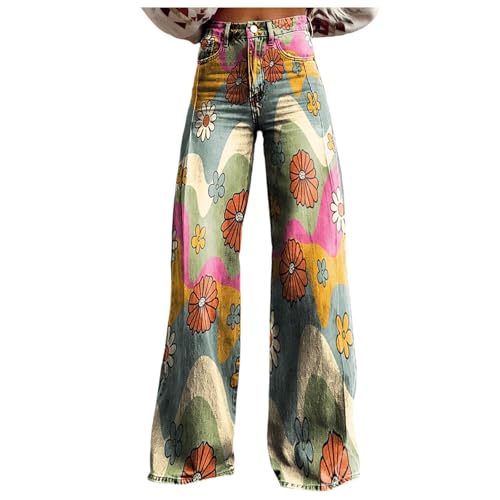 Jean large femme taille haute style années 90 à motif floral rétro
