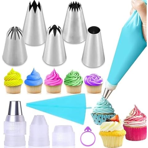 Suuker Large Piping Tips Set, Stainless Steel Cake Decorating Tips, Large Pastry Tips and Piping Bags, Frosting Icing Tips for Cupcakes, Cake, Cookie Cover