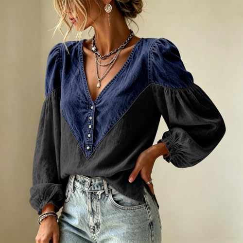 Floral Tops for Women Denim Patchwork Button V Neck Long Puff Sleeve Top - image 3