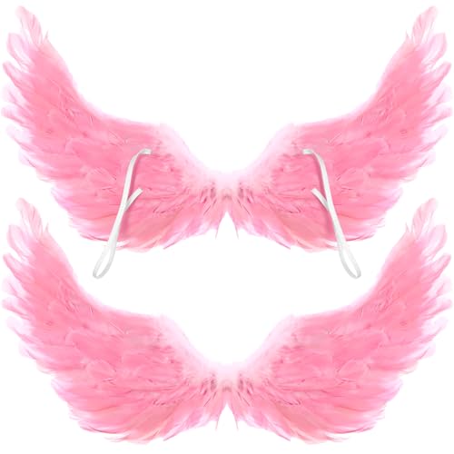 Jenaai 2 Pieces Halloween Angel Wings Feather Wings with Elastic Straps Cosplay Wings for Halloween Costume Party Women(23.62 x 13.78 Inches,Pink)