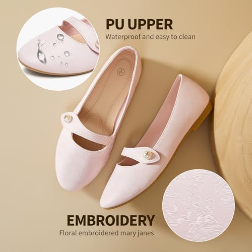 FINIWOR Women's Mary Jane Flats – Floral Print with Pearl Buckle, PU Leather Slip-On Ballet Flats3