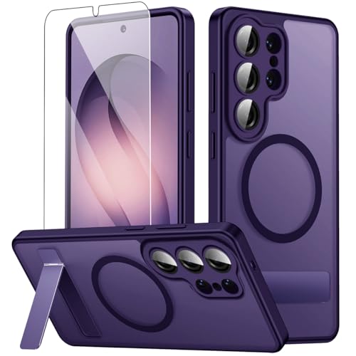 Magnetic for Samsung Galaxy S26 Ultra Case with Stand and Screen Protector & Camera Protector,Galaxy S 26 Ultra Case Compatible with MagSafe,Matte Translucent Shockproof Slimi Phone Case-Purple