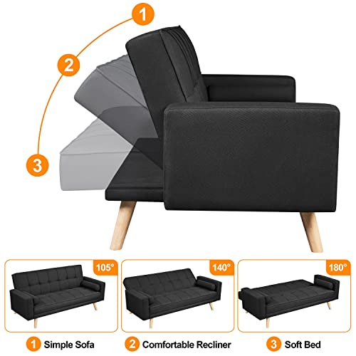 Yaheetech Modern Fabric Sofa Bed 3 Seater Click Clack Sofa Settee Recliner Couch with Wooden Legs for Living Room/Guest Room/Office, Black