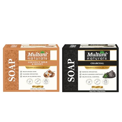 Image of Multani Natural Coconut Milk, Honey & Charcoal Soap For Bath (125 Gm - Pack of 6) | Helps In Reducing Acne | For Deep Hydration & Glow | Helps Rejuvenate Dull & Tired Skin | Paraben Free | Clinically Tested | For All Skin Types | Soap Bar For Men & Women