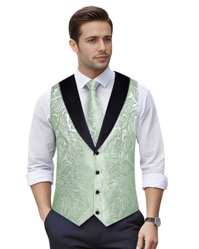 Image of DiBanGu Mens Paisley Suit Vest Silk Jacquard Waistcoat and Necktie Set Formal Shawl Collar Dress Vest 7PCS for Wedding Party