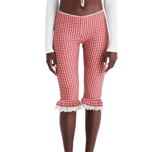 Women Plaid Capri Pants Summer Elastic Waist Knee Length Lace Ruffles Hem Skinny Casual Capris Legging