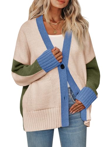 Saodimallsu Womens V Neck Cardigan Sweaters Color Block Button Oversized Long Sleeve Open Front Knit Sweater Coats