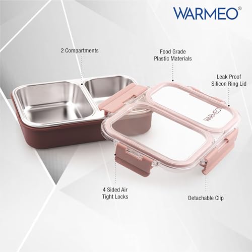 Image of WARMEO BENTO Microwave-Safe Stainless Steel Lunchbox with 2 compartments,bpa Free,Perfect for Office, School, Travelling,750ml-brown