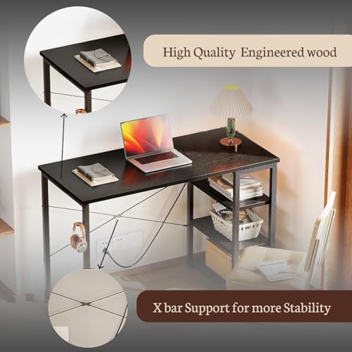 Image of Callas Computer Desk with Side Storage Shelves for Home Office, Study Table for Laptop, Writing & Workstation - Sturdy Metal Frame & Wooden Top (ST-24-Black)
