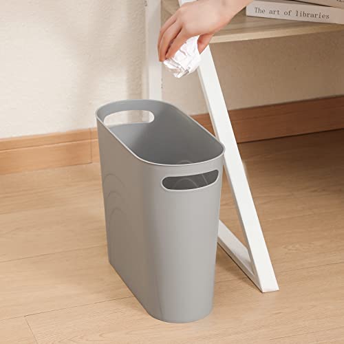 Image of rejomiik Small Trash Can, Slim Garbage Can Plastic Waste Basket with Handles 3.5 Gallon Container Bin for Narrow Spaces Bathroom, Bedroom, Kitchen, Office at Home, 2 Pack Grey