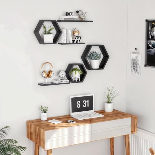 Image of Engineered Wood Woden Hexagonal Shape Wall Hanging Rack Floating Shelves for Display for Photos,Plants Living Room, Bedroom,Bathroom, Kitchen, Office (Black)