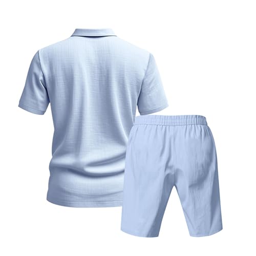 Mens Linen Sets 2 Piece Outfits Casual Loose Short Sleeve Lapel Cuban Polo Shirts and Pants Suits Summer Beach Outfits3
