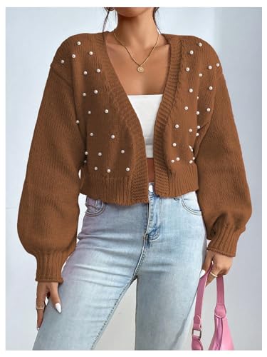 Image of SHENHE Women's Pearl Beaded Open Front Cardigan Oversize V Neck Drop Shoulder Cropped Sweater