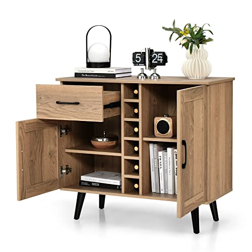 GOPLUS Aparador de Cocina con 6 Botellas de Vino, Gabinete de Bar con Cajón de Almacenamiento Extraíble, Armario de Cocina Natural para Salón Comedor, 90 x 40 x 79 cm