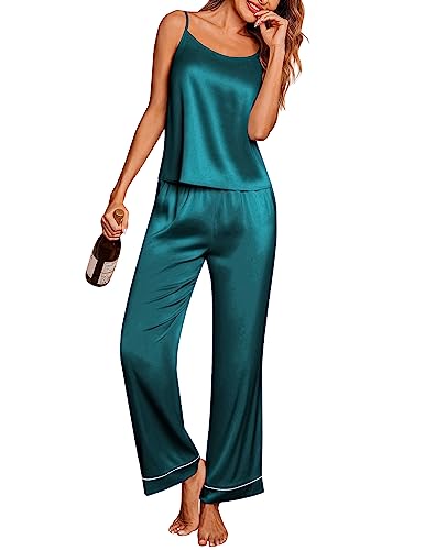 Image of Ekouaer Women Silk Satin Pajamas Sleeveless Pjs Set 2 Piece Summer Loungewear Sleepwear with Pockets S-XXL