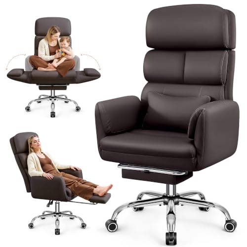 Image of Big and Tall Office Chair 500LBS, Ergonomic High Back Leather Executive Chair, Reclining Swivel with Adjustable Armrests Lumbar Support Footrest, Cross Legged, Coffee