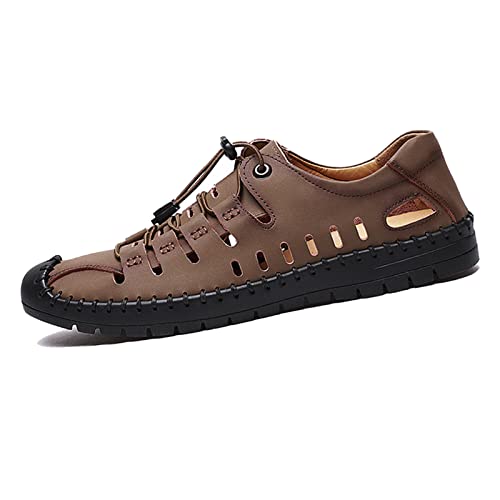 Casual Men's Closed Toe Business Sandals, Lace Up Handmade Hiking Sandals, Fashion Hollow Out Backpacking Beach Shoes