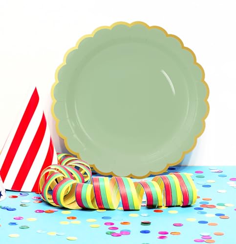 Image of HEIPINIUYE 50 Pieces Sage Green Paper Plates with Gold Foil 9 Inch Disposable Sage Scalloped Dinner Plates for Wedding Baby Shower Birthday Party Dessert Plate