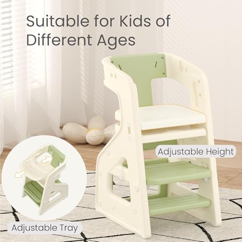 Image of 3-in-1 High Chair for Babies Kids Convertible HighChair Toddlers Adjustable Height Kitchen Step Stool for Sink Kids Chair Removable Tray Ideal for Dining Kitchen and Bathroom Use, Green