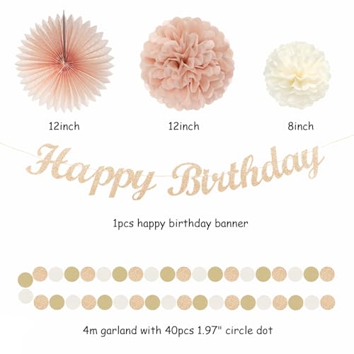 Image of Champagne Rose-Gold Beige Birthday Party-Decorations - 14pcs Happy Banner Boho Lanterns Tissue Pom Poms,Rustic Streamers Garland Fans,Neutral One Sweet Peach Girls Women Hanging Supplies Decor Hugfond