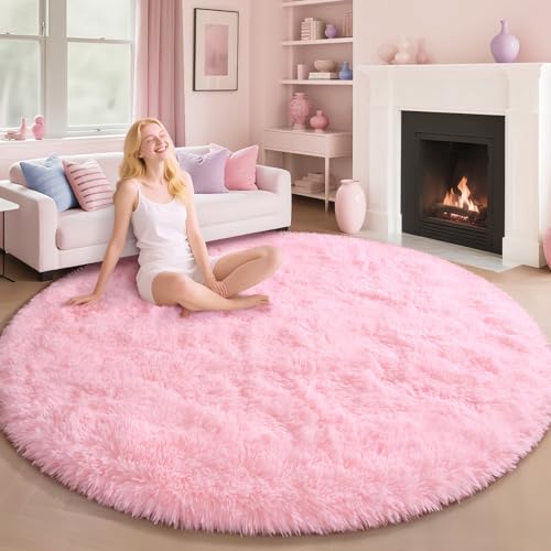 EVOIONOS Pink Round Rug for Bedroom, 7x7 Ft Fluffy Soft