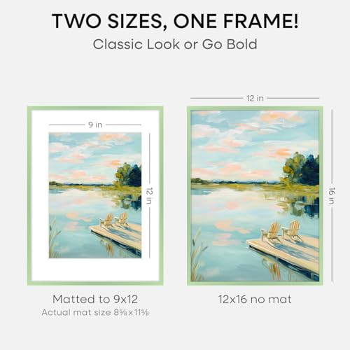 Image of Homeforia 12x16 Sage Green Picture Frame, High End Metal 12x16 Poster Frames with Mat 9x12 Photo, 12 x 16 Sage Green Frame Matted to 9 by 12 Art, 16x12 Thin Frames, Tempered Glass, Wall Kit, Set of 2