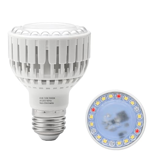 Juhefa LED Grow Light Bulb E26 Full Spectrum 5000K Plant Light Bulb for Indoor Plants 12W (Equivalent to 80W) High Output for Faster Growth