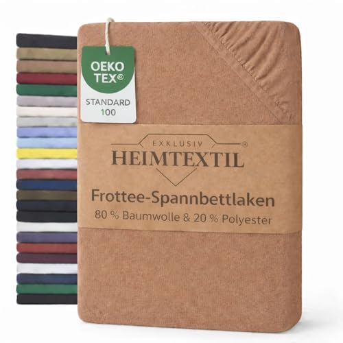 EXKLUSIV HEIMTEXTIL Frottee Spannbettlaken 200 x 220 cm 80% Baumwolle, 20% Polyester Öko - Tex Zertifiziert, Markenqualität, Matratzenhöhe bis 35 cm, Nougat