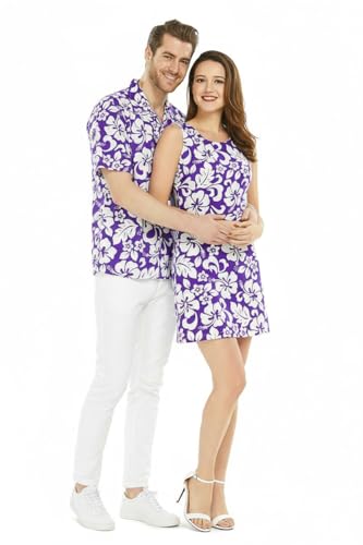 Image of Matchable Couple Hawaiian Luau Men Shirt or Women Tank Dress in Classic Vintage Hibiscus
