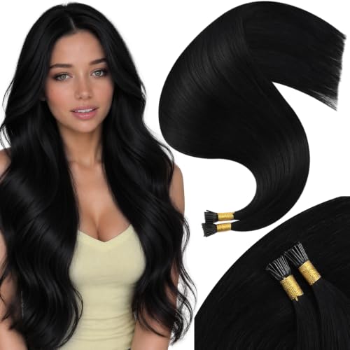 Moresoo I Tip Hair Extensions Human Hair, Jet Black, 16 Inch