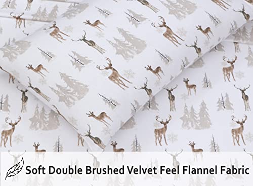 Ruvanti Flannel Sheets Full Size - 100% Cotton Brushed Flannel Bed Sheet Sets - Deep Pockets 16 Inches (Fits Up To 18") - All Seasons Breathable & Super Soft - Warm & Cozy - 4 Pcs - Brown Deer #TOP4
