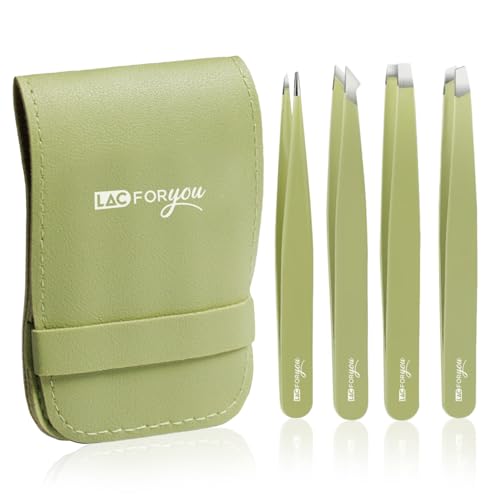 LAC FOR YOU Set de 4 Pinzas Depilar Profesionales – Pinza Cejas Acero Inoxidable – Punta Fina, Inclinada y Plana – Alta Precisión – Con Estuche Elegante – Verde
