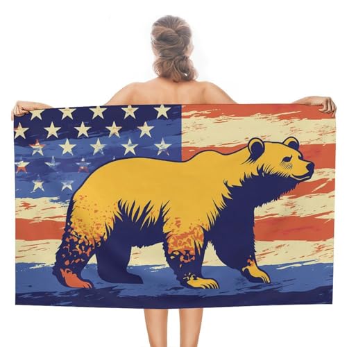 California Bear U.S. Flag Printed Beach Towel Lightweight Swim Surfing Towels for Pool Travel Vacation 130x80cm