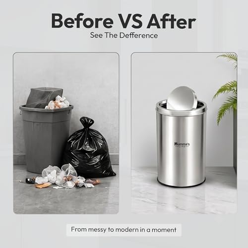 Image of Mumma's LIFE 20L Dustbin for Home | Stainless Steel Swing Dustbin with Lid | Trash Can for Kitchen, Bathroom, Washroom, Bedroom & Office (10x14 Inch)
