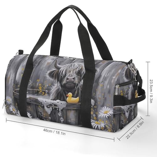 Highland Cow in Bathtub Rubber Duck Funny Gym Bag Travel Tote Bag Duffel Bag with Shoe Compartment for Weekender Sports Vacation3
