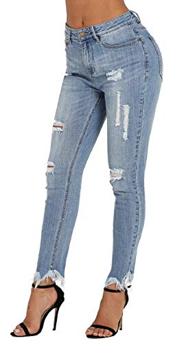 roswear Women's Ripped Mid Rise Frayed Hem Denim Pants Stretchy Skinny Tummy Control Jeans3
