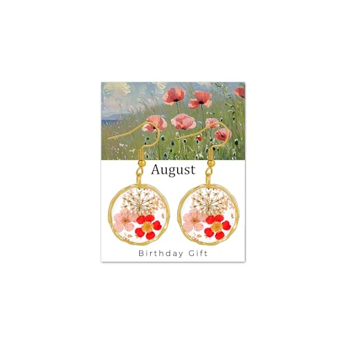 Birth Flower Earrings for Women Handmade August Month Real Pressed Earrings Unique Resin Dangle Plant Earrings Dry Flowers Great Present For Birthday Party Christmas
