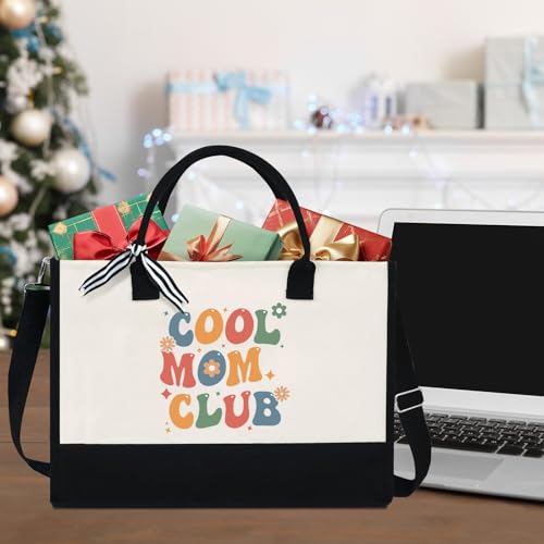 Image of XIKAINUO Mothers Day Gifts from Daughter Son, Cool Mom Club Canvas Tote Bag Shopping Bag with Zipper for Women Mother Birthday Christmas, Best Mom Ever Gifts Handbag Mom