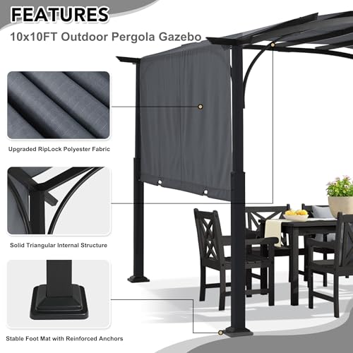 Image of MASTERCANOPY 10x10 ft Retractable Pergola with Sun Shade Canopy, Heavy Duty Metal Garden Pergola with Rustproof Steel Frame, Dark Grey