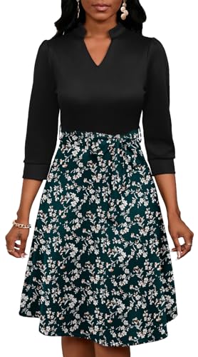 Image of PerZeal Women's Casual Flowy A-Line Midi Dress Flared V-Neck Colorblock Print for Wedding Guest 3 /4 Sleeve Dress with Belt