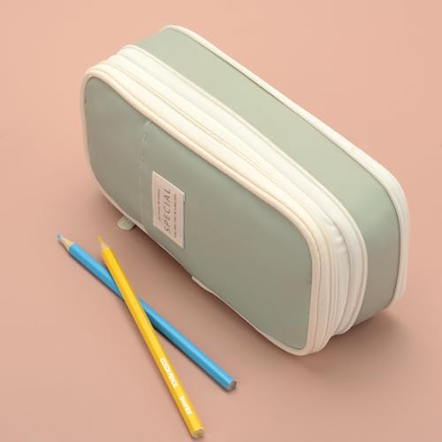 Image of Large Capacity Canvas Pencil Case Organizer Holder Pouch Bag with Zipper Compartments for Women Girls School Adults (Green)