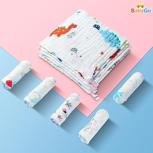 Image of BabyGo Cotton Extra Soft Muslin Washcloths for Newborn Baby | 100% Pure Cotton Reusable Face Towels & Hankies | Gentle Skin-Friendly Baby Towels 30x30 cm for Infants & Toddlers (Pack of 2)