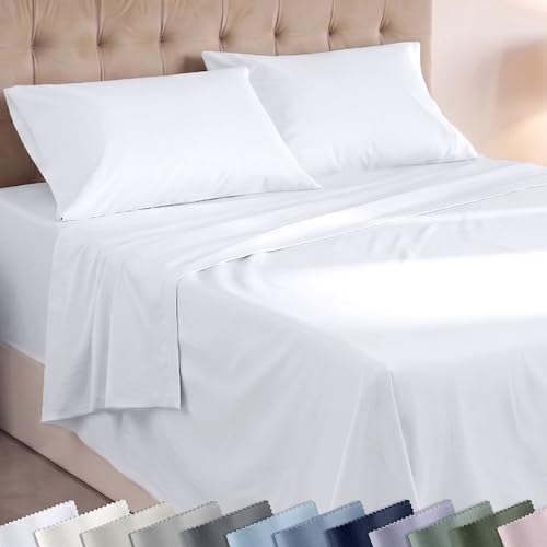 Image of Super Soft 100% Cotton Deep Pocket Queen Sheets, 4 Pc Set, White | Lightweight & Breathable For Hot Sleepers, 14 inch Deep Pocket, All-Around Elastic, Durable, Easy Care, OekoTex Certified