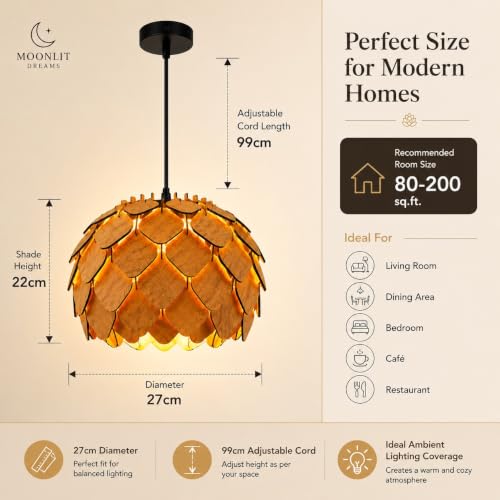 Image of MoonlitDreams Wooden Pendant Lamp for Ceiling | Handcrafted Hanging Chandelier Light | Rustic Wooden Ceiling Light for Living Room, Dining Area, Cafe & Home Decor